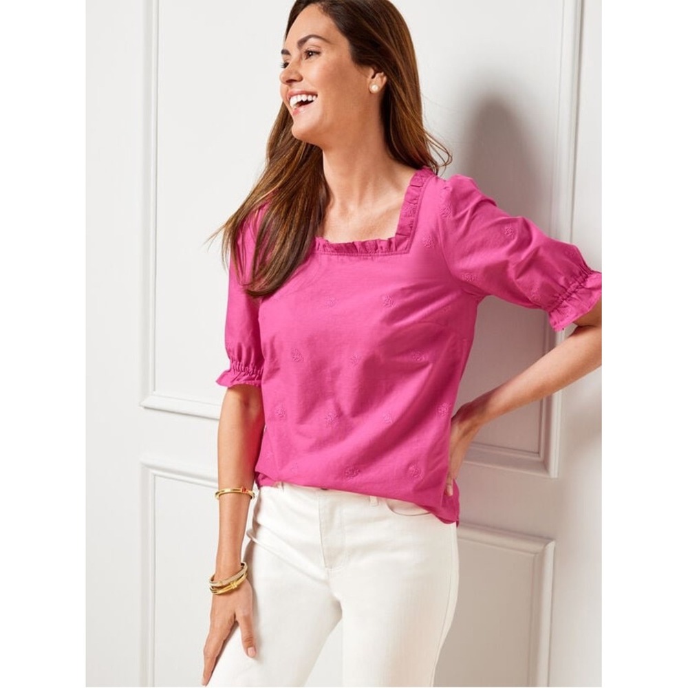 Talbots Square Neck Embroidered Top LP Pink
